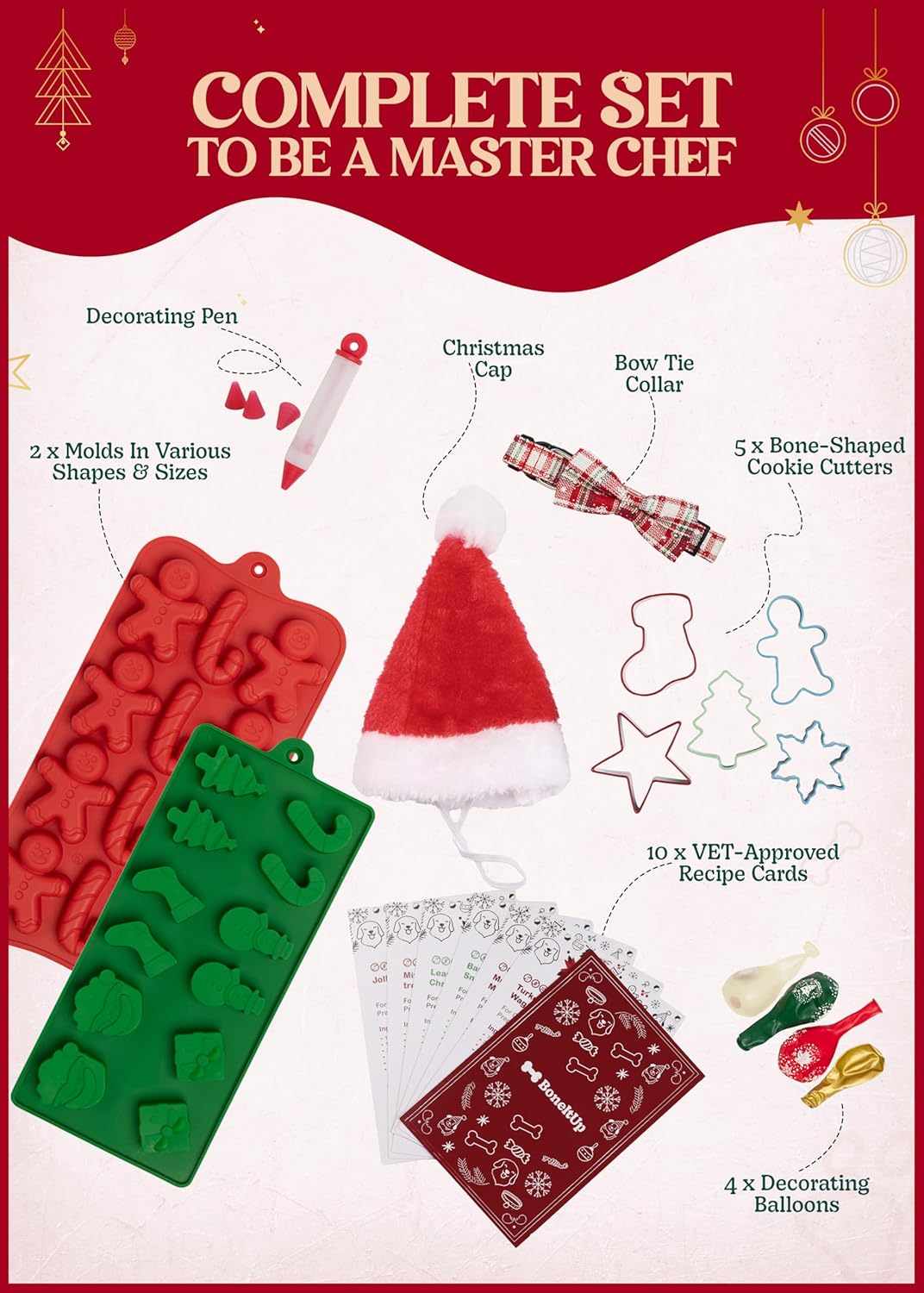 Dog Treat Kit for Christmas – 2 Silicone Christmas Edition Cookie Molds, 5 Cookie Cutters, 10 Recipes, Bow, Dog Hat, 4 Decorating Balloons, Decorating Pen – Ideal DIY Kit for Dogs Lover